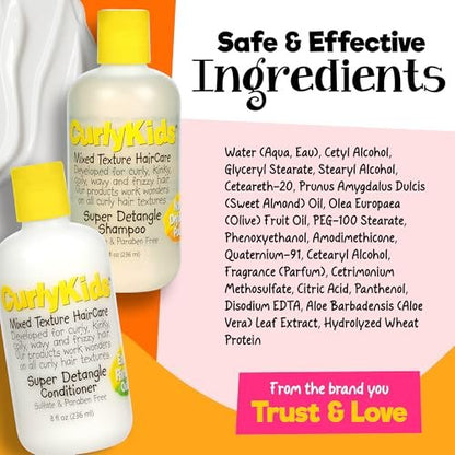 CurlyKids Super Detangle Shampoo & Conditioner Set for Curly, Kinky, Wavy Hair - Sulfate & Paraben-Free, 8 Fl Oz Each Avelisse
