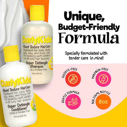 CurlyKids Super Detangle Shampoo & Conditioner Set for Curly, Kinky, Wavy Hair - Sulfate & Paraben-Free, 8 Fl Oz Each Avelisse