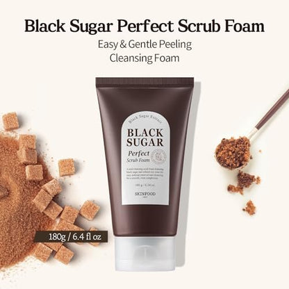 SKINFOOD Black Sugar Perfect Scrub Foam 180g - Detoxifying Pore Scrub & Exfoliating Facial Cleanser with Rich Bubble, Removes Dead Skin Cells for Men & Women