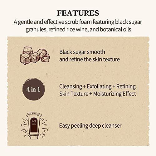SKINFOOD Black Sugar Perfect Scrub Foam 180g - Detoxifying Pore Scrub & Exfoliating Facial Cleanser with Rich Bubble, Removes Dead Skin Cells for Men & Women - görsel 5