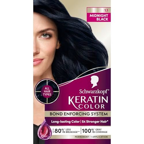 Schwarzkopf Keratin Permanent Hair Dye Cream, 1.1 Midnight Black - Professional Gray Coverage with Bond Enforcing System - görsel 2