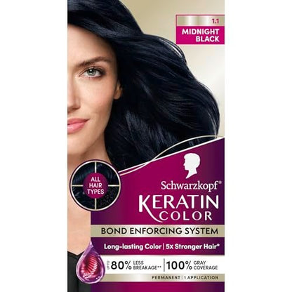 Schwarzkopf Keratin Permanent Hair Dye Cream, 1.1 Midnight Black - Professional Gray Coverage with Bond Enforcing System