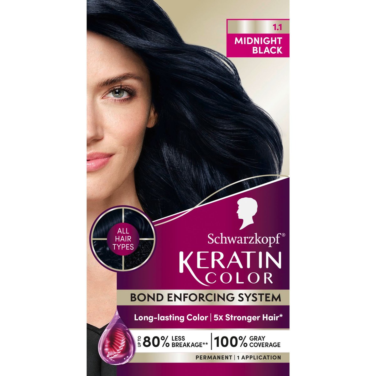 Schwarzkopf Keratin Permanent Hair Dye Cream, 1.1 Midnight Black - Professional Gray Coverage with Bond Enforcing System - görsel 1