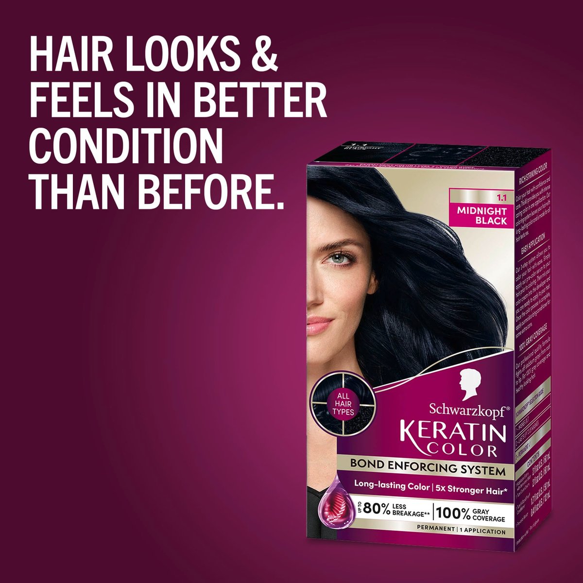 Schwarzkopf Keratin Permanent Hair Dye Cream, 1.1 Midnight Black - Professional Gray Coverage with Bond Enforcing System - görsel 13