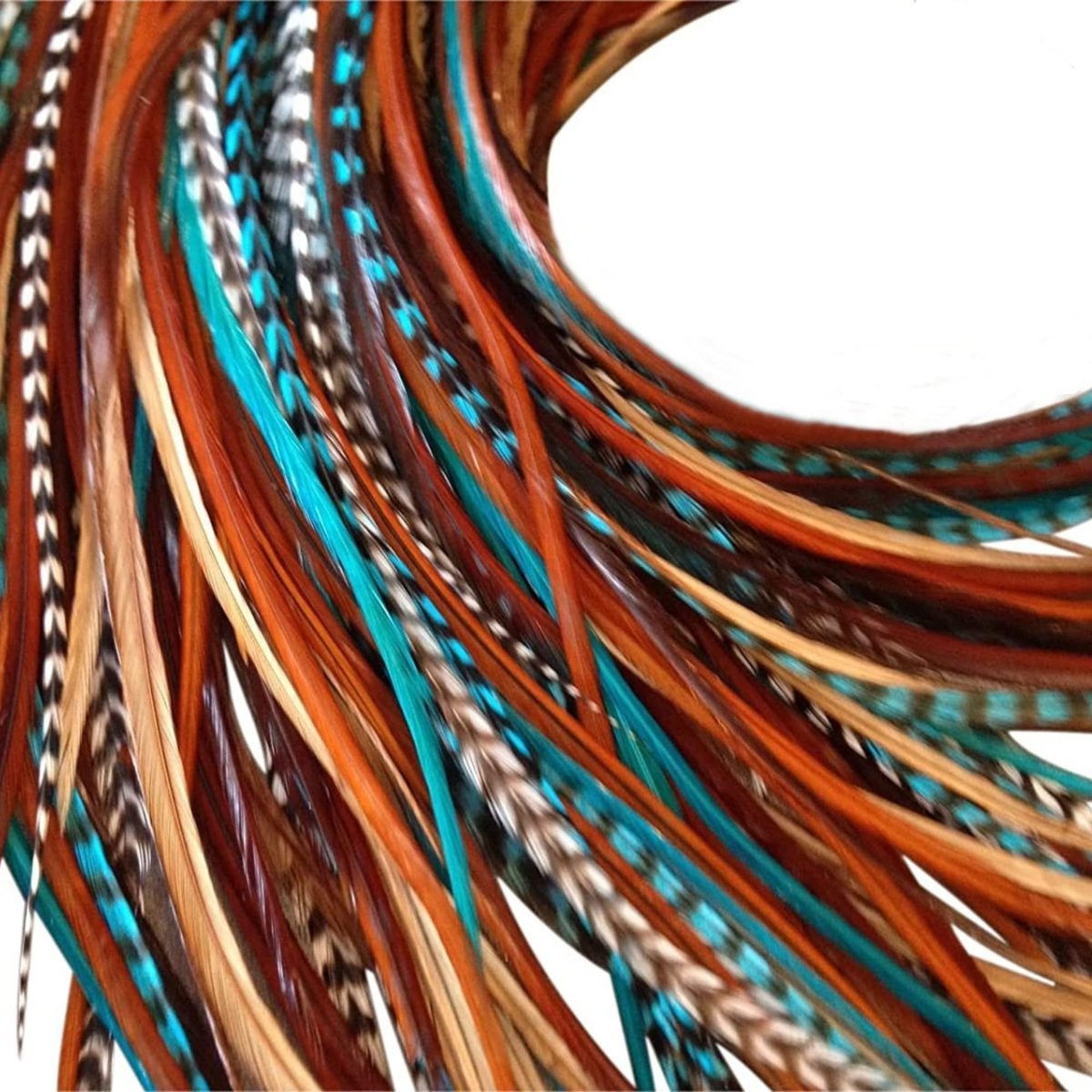 Hair Feathers Extensions Kit - Long Real Rooster Feathers with Microlink Beads & Loop Tool - Turquoise & Brown Naturals (20-Pack) Avelisse