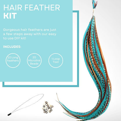 Hair Feathers Extensions Kit - Long Real Rooster Feathers with Microlink Beads & Loop Tool - Turquoise & Brown Naturals (20-Pack) Avelisse