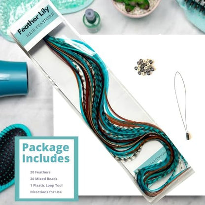 Hair Feathers Extensions Kit - Long Real Rooster Feathers with Microlink Beads & Loop Tool - Turquoise & Brown Naturals (20-Pack) Avelisse