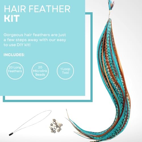 Hair Feathers Extensions Kit - Long Real Rooster Feathers with Microlink Beads & Loop Tool - Turquoise & Brown Naturals (20-Pack) Avelisse