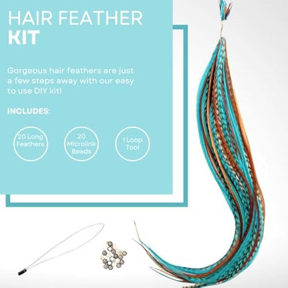 Hair Feathers Extensions Kit - Long Real Rooster Feathers with Microlink Beads & Loop Tool - Turquoise & Brown Naturals (20-Pack) Avelisse