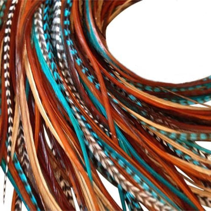 Hair Feathers Extensions Kit - Long Real Rooster Feathers with Microlink Beads & Loop Tool - Turquoise & Brown Naturals (20-Pack) Avelisse