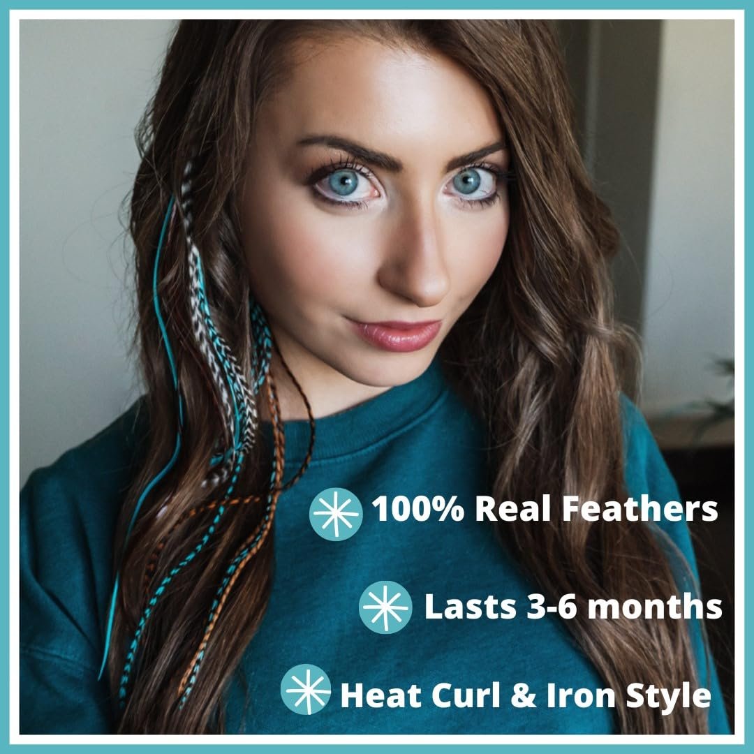 Hair Feathers Extensions Kit - Long Real Rooster Feathers with Microlink Beads & Loop Tool - Turquoise & Brown Naturals (20-Pack) Avelisse
