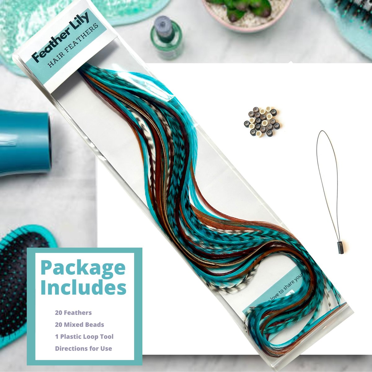 Hair Feathers Extensions Kit - Long Real Rooster Feathers with Microlink Beads & Loop Tool - Turquoise & Brown Naturals (20-Pack) Avelisse