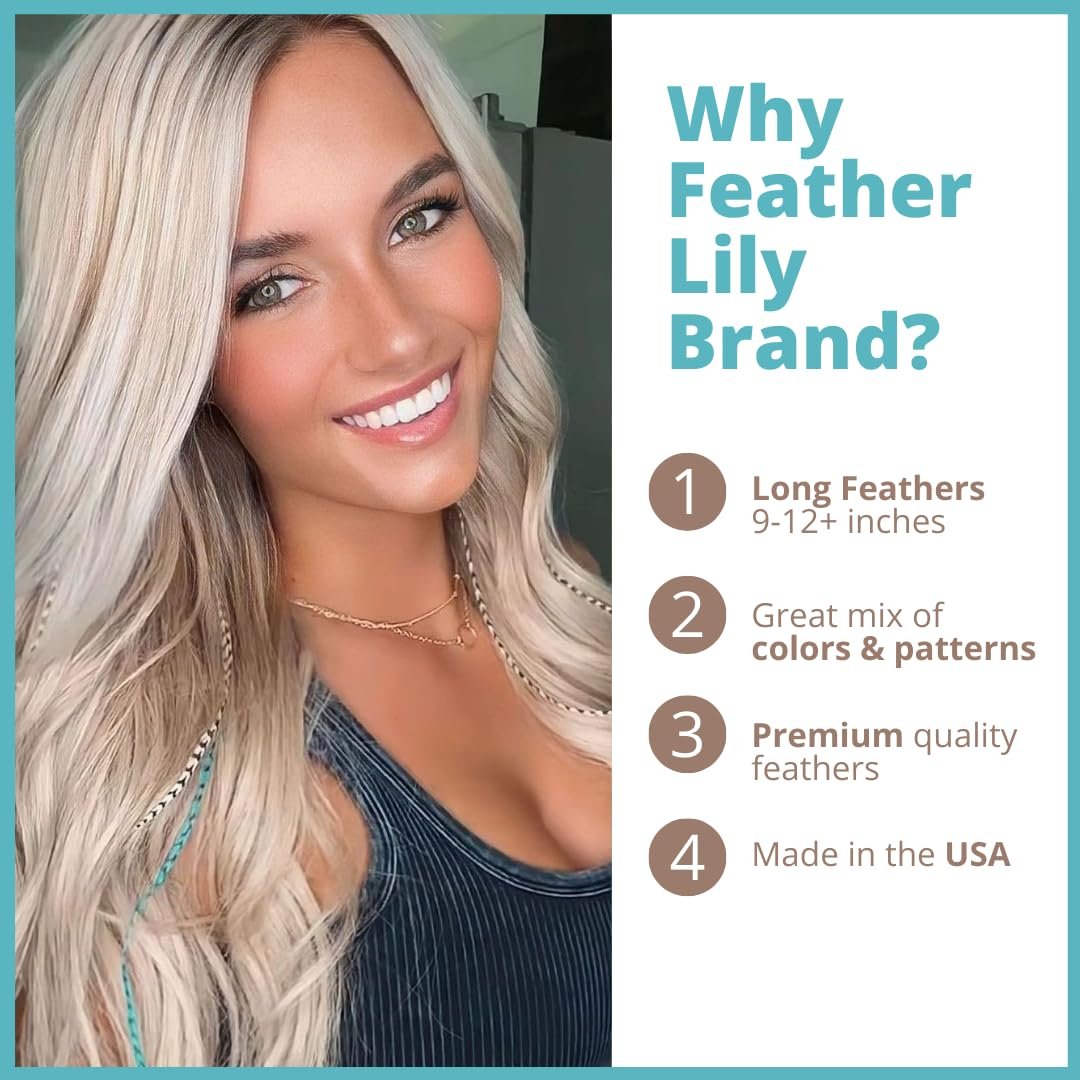 Hair Feathers Extensions Kit - Long Real Rooster Feathers with Microlink Beads & Loop Tool - Turquoise & Brown Naturals (20-Pack) Avelisse