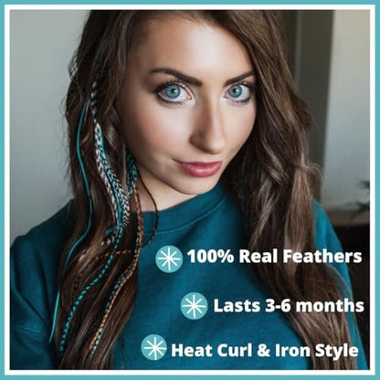 Hair Feathers Extensions Kit - Long Real Rooster Feathers with Microlink Beads & Loop Tool - Turquoise & Brown Naturals (20-Pack) Avelisse
