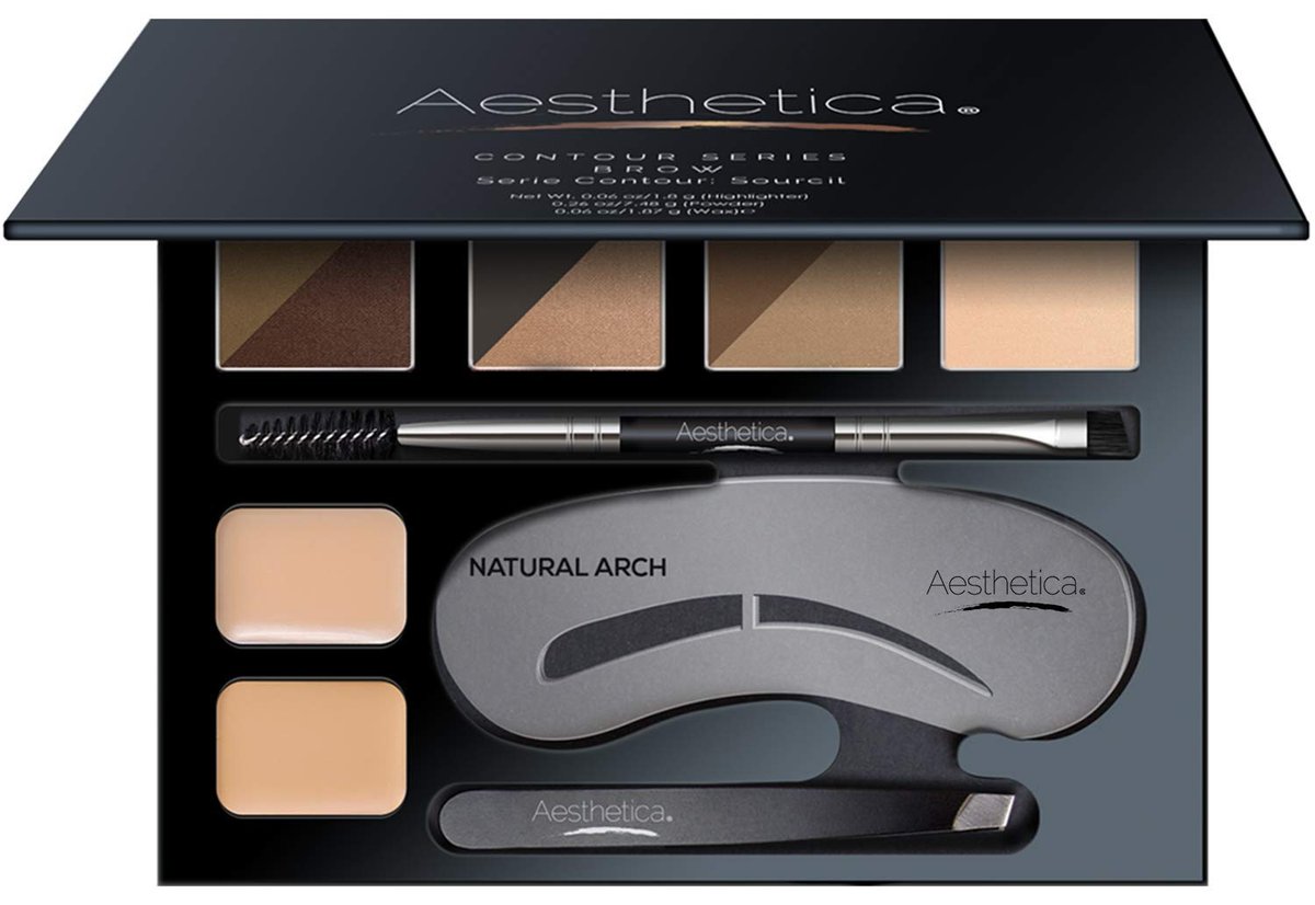Aesthetica Brow Contour Kit 16-Piece Eyebrow Makeup Palette Set - Complete Eyebrow Stencils, Powders, Wax, Highlighter, and Tools - Unique Gifts for Women Avelisse