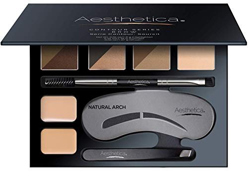 Aesthetica Brow Contour Kit 16-Piece Eyebrow Makeup Palette Set - Complete Eyebrow Stencils, Powders, Wax, Highlighter, and Tools - Unique Gifts for Women Avelisse