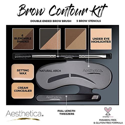 Aesthetica Brow Contour Kit 16-Piece Eyebrow Makeup Palette Set - Complete Eyebrow Stencils, Powders, Wax, Highlighter, and Tools - Unique Gifts for Women Avelisse