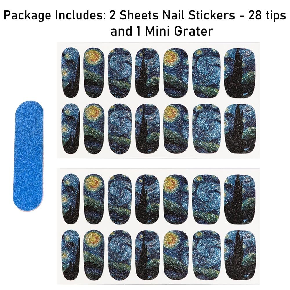 3D Van Gogh Starry Night Full Nail Stickers - 28 Nail Wraps, Long Lasting Gel Nail Art Decals, Easy Apply & Remove Avelisse