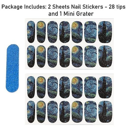 3D Van Gogh Starry Night Full Nail Stickers - 28 Nail Wraps, Long Lasting Gel Nail Art Decals, Easy Apply & Remove Avelisse