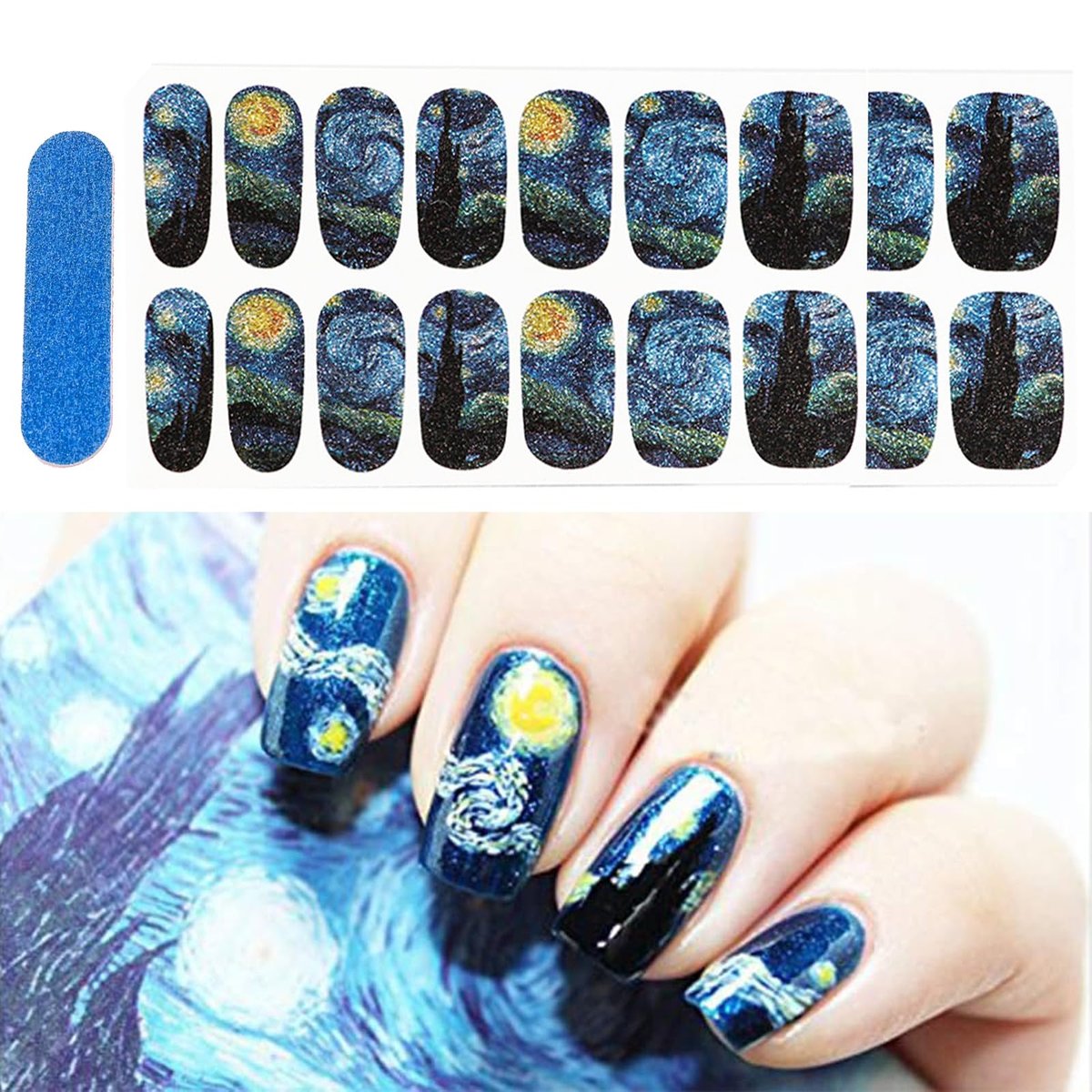 3D Van Gogh Starry Night Full Nail Stickers - 28 Nail Wraps, Long Lasting Gel Nail Art Decals, Easy Apply & Remove Avelisse