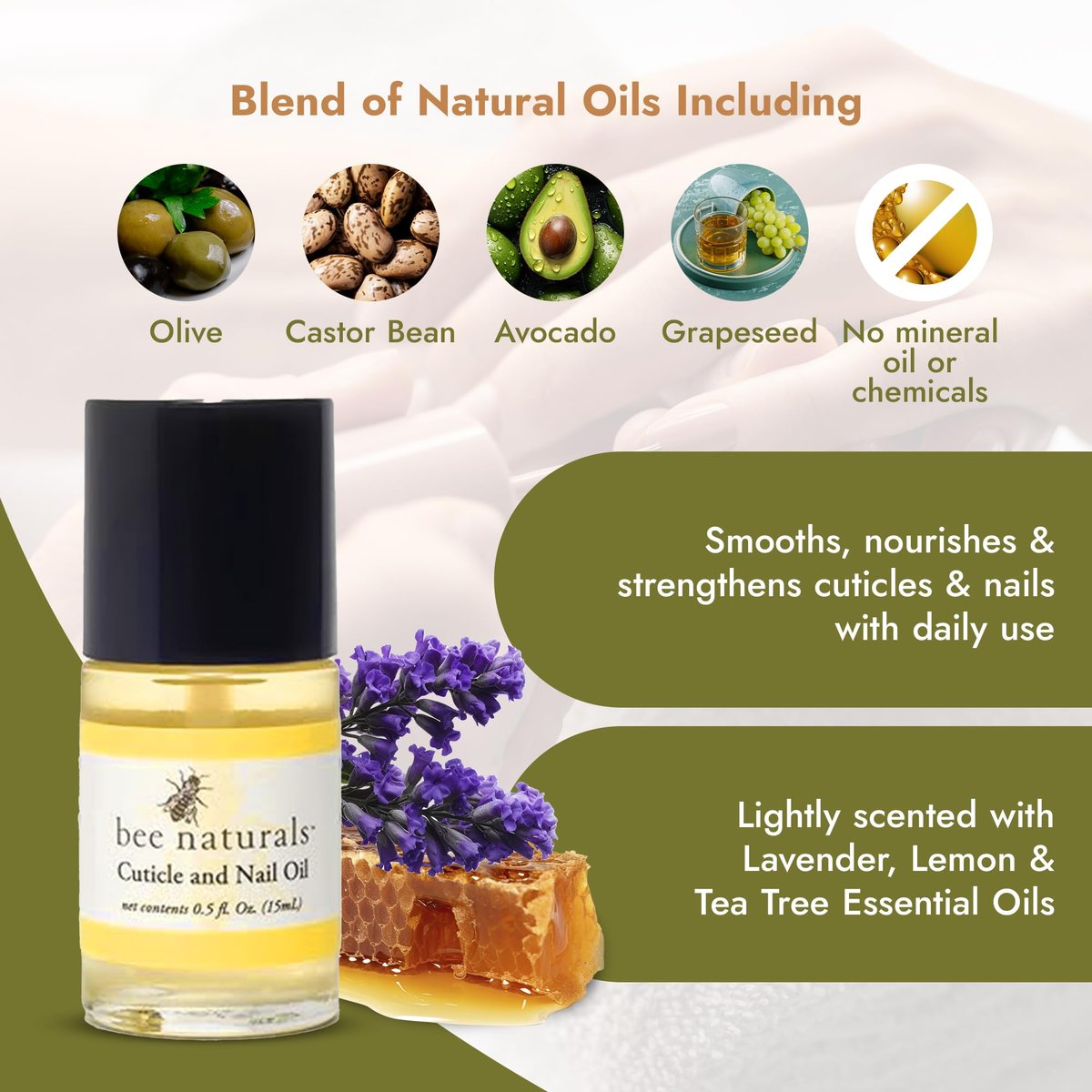 Bee Naturals Nail & Cuticle Oil Kit – Nourishing Nail Strengthener with Vitamin E, Olive & Avocado Oils – Lavender Lemon & Tea Tree Aromatherapy – Easy Pen Applicator for Healthy, Revitalized Nails Avelisse