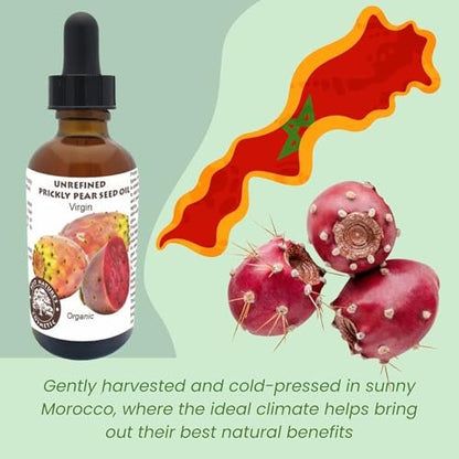 Organic Prickly Pear Seed Oil - Virgin Cold Pressed Unrefined, 1 oz (30 ml) for Hydrated & Glowing Mature Skin and Hair