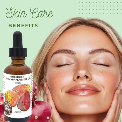 Organic Prickly Pear Seed Oil - Virgin Cold Pressed Unrefined, 1 oz (30 ml) for Hydrated & Glowing Mature Skin and Hair