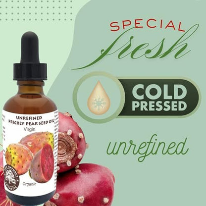Organic Prickly Pear Seed Oil - Virgin Cold Pressed Unrefined, 1 oz (30 ml) for Hydrated & Glowing Mature Skin and Hair