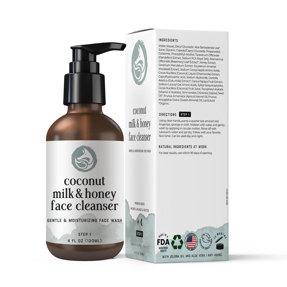 Coconut Milk & Honey Face Wash – Gentle Hydrating Cleanser for Sensitive to Dry Skin, Fragrance-Free, Non-Drying Formula with Aloe & Jojoba, Ideal for Redness, Dryness & Daily Makeup Removal (4 fl oz) Avelisse