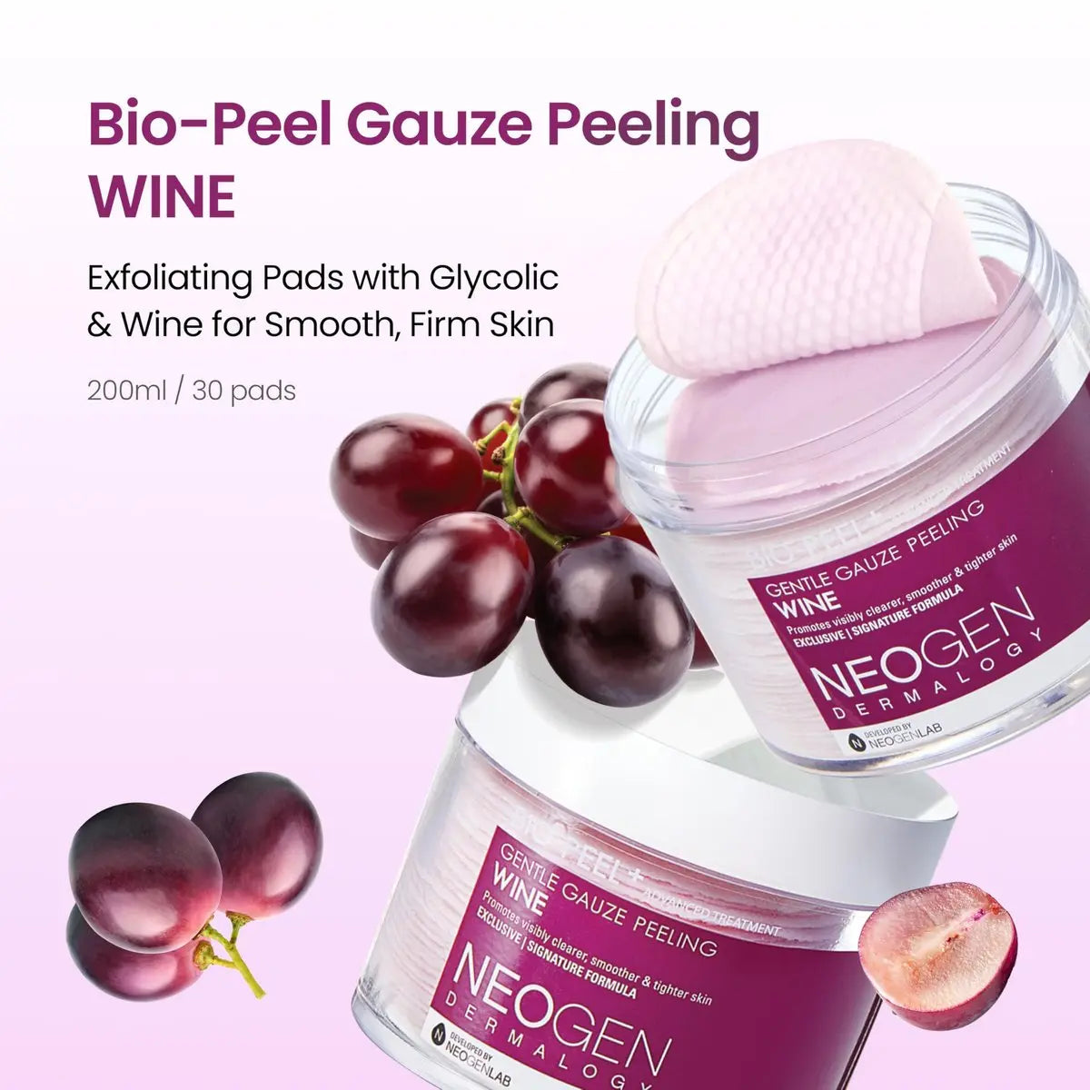 DERMALOGY by NEOGENLAB Bio-Peel Gauze Peeling Pads (Wine, 30 pads) - Exfoliating & Firming Peeling Pad with PHA & Red Wine & Resveratrol & Hyaluronic Acid - Korean Skin Care Avelisse