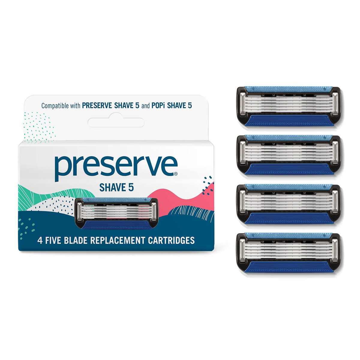 Preserve Shave 5 Razor Blade Refills - 4 Pack Ceramic Coated 5-Blade Razors for Men & Women with Aloe-Cocoa Butter Strip Avelisse