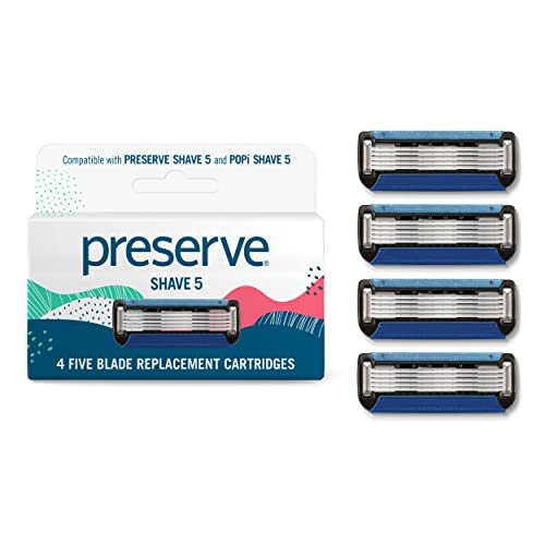 Preserve Shave 5 Razor Blade Refills - 4 Pack Ceramic Coated 5-Blade Razors for Men & Women with Aloe-Cocoa Butter Strip Avelisse