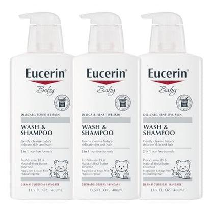 Eucerin Baby Unscented Shampoo & Body Wash 13.5 Fl Oz (Pack of 3) – Hypoallergenic, Tear-Free, with Pro-Vitamin B5 & Shea Butter Avelisse