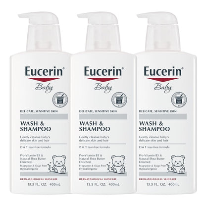 Eucerin Baby Unscented Shampoo & Body Wash 13.5 Fl Oz (Pack of 3) – Hypoallergenic, Tear-Free, with Pro-Vitamin B5 & Shea Butter Avelisse