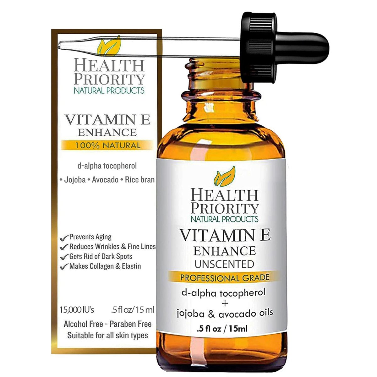 Health Priority Naturals Organic Vitamin E Oil for Skin - Jojoba, Avocado Oil - Unscented, Handcrafted for Face/Hair, Non-GMO, No Gluten, 15000 IU, 0.5 Fl Oz - görsel 1