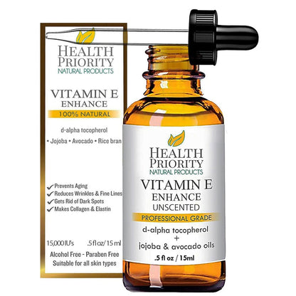 Health Priority Naturals Organic Vitamin E Oil for Skin - Jojoba, Avocado Oil - Unscented, Handcrafted for Face/Hair, Non-GMO, No Gluten, 15000 IU, 0.5 Fl Oz