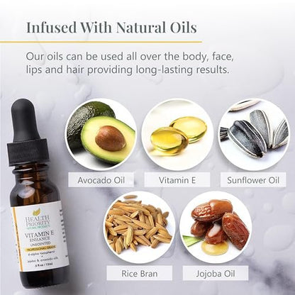 Health Priority Naturals Organic Vitamin E Oil for Skin - Jojoba, Avocado Oil - Unscented, Handcrafted for Face/Hair, Non-GMO, No Gluten, 15000 IU, 0.5 Fl Oz
