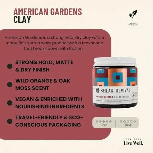 Shear Revival American Gardens Clay Pomade - Strong Hold, Matte Finish, Vegan & Natural Hair Styling Clay for All Hair Types, 3.4 oz Avelisse
