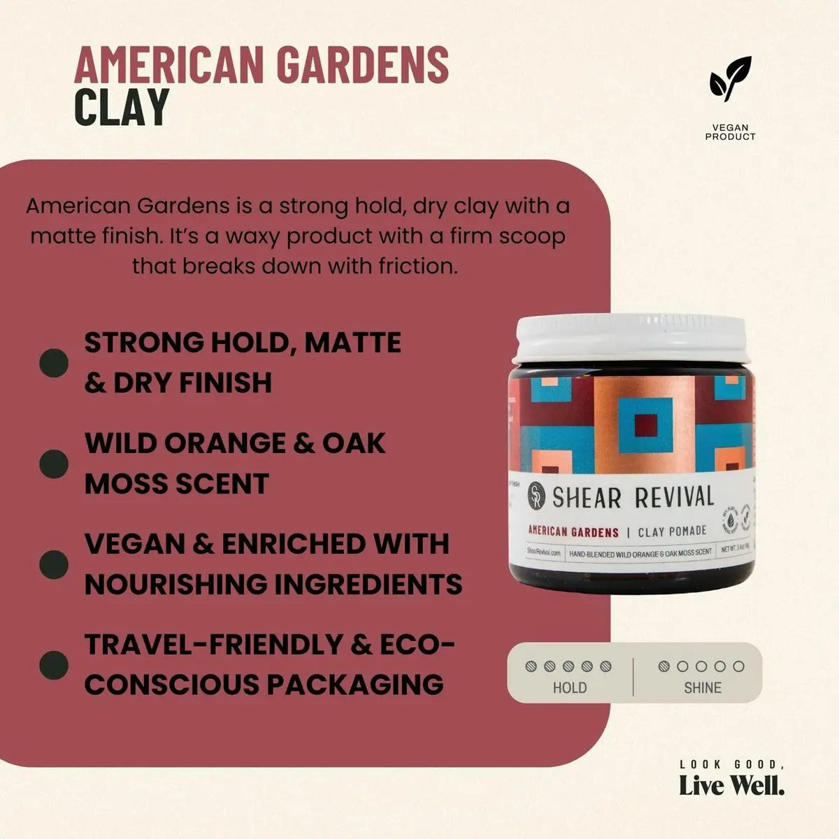 Shear Revival American Gardens Clay Pomade - Strong Hold, Matte Finish, Vegan & Natural Hair Styling Clay for All Hair Types, 3.4 oz Avelisse