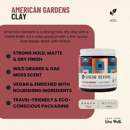 Shear Revival American Gardens Clay Pomade - Strong Hold, Matte Finish, Vegan & Natural Hair Styling Clay for All Hair Types, 3.4 oz Avelisse