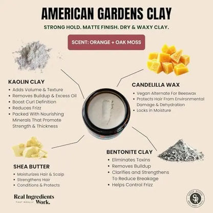 Shear Revival American Gardens Clay Pomade - Strong Hold, Matte Finish, Vegan & Natural Hair Styling Clay for All Hair Types, 3.4 oz Avelisse