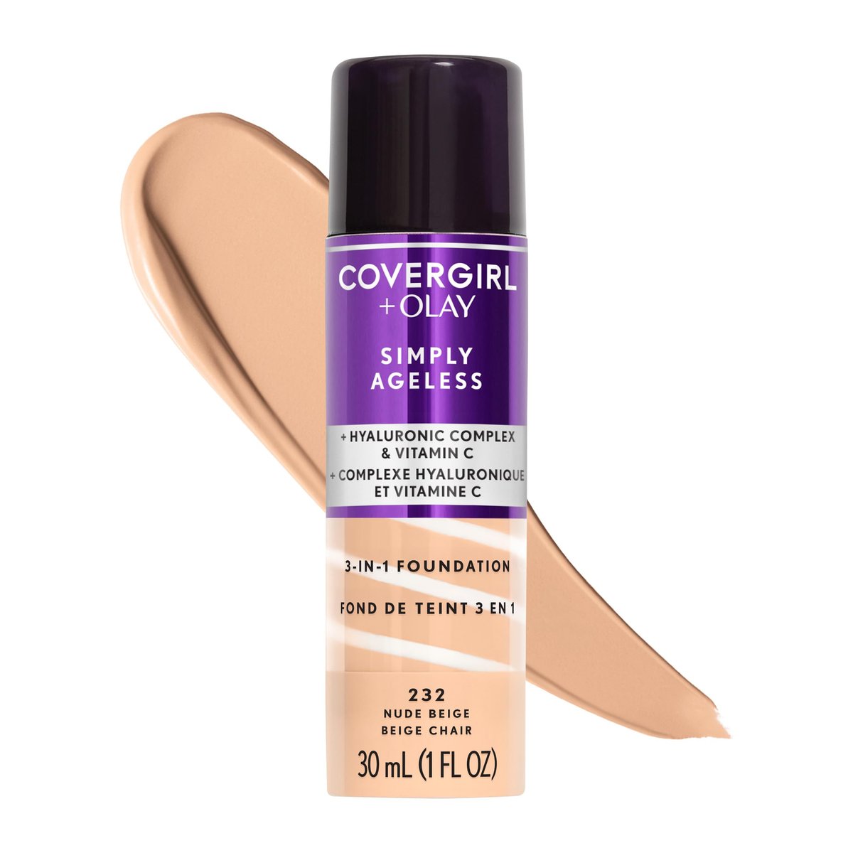 COVERGIRL & Olay Simply Ageless 3-in-1 Liquid Foundation - 232 Nude Beige - Matte Finish with Hyaluronic Acid & Vitamin C - görsel 1