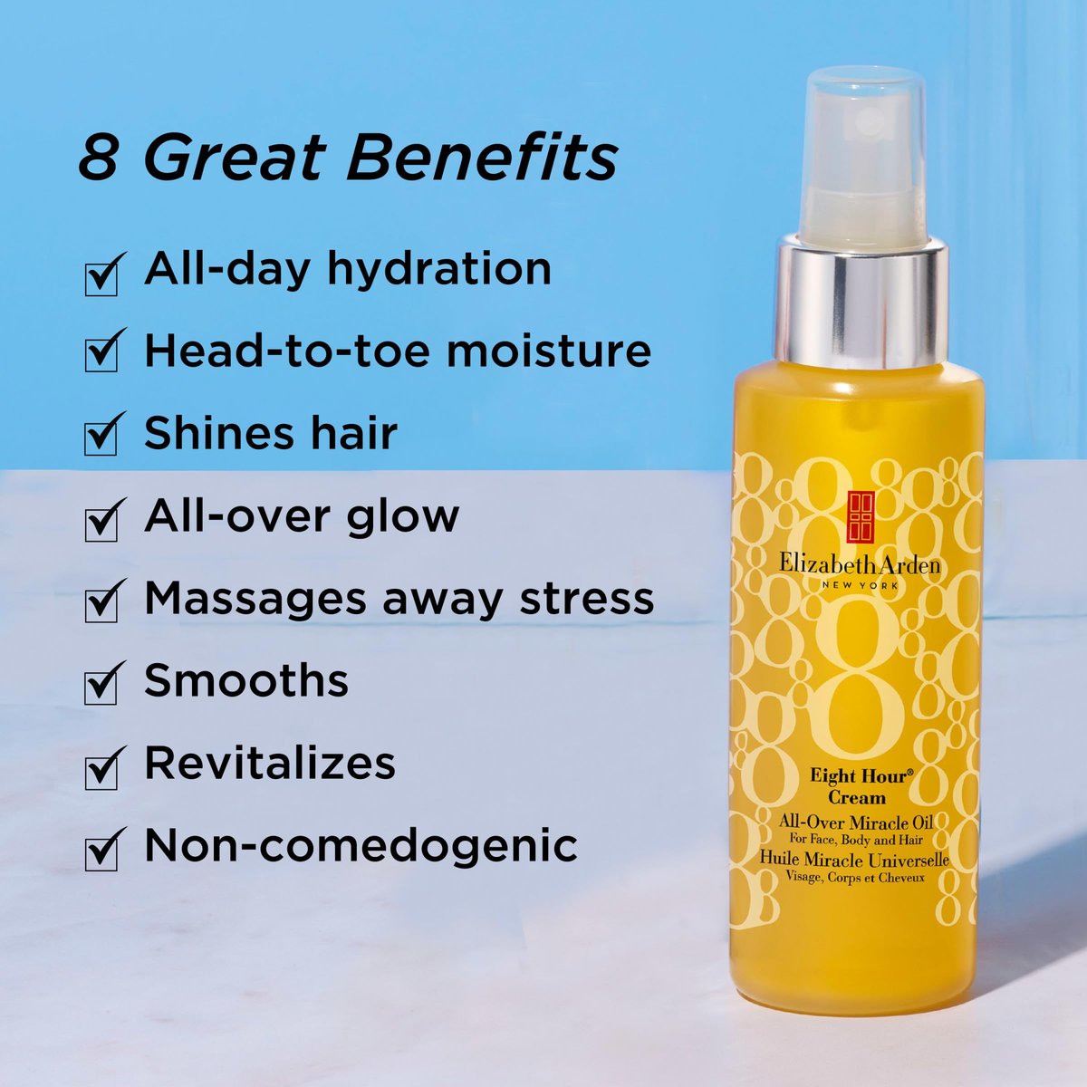 Elizabeth Arden Eight Hour All-Over Miracle Oil - Hydrating Spray Moisturizer for Face, Body & Hair with Vitamin E & Tsubaki Oil, Non-Comedogenic, Lightweight, 3.4 oz Avelisse