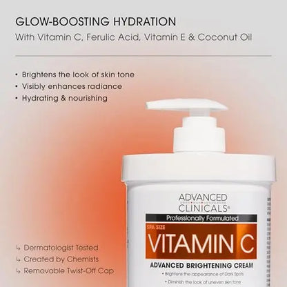 Advanced Clinicals Vitamin C Cream - Visibly Brightening Body Lotion, 16 oz Avelisse