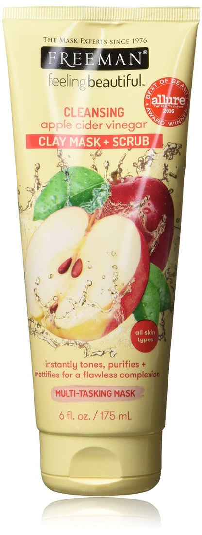 Freeman Cleansing Apple Cider Vinegar Clay Mask & Facial Scrub – Tones, Purifies, Exfoliates for Flawless Complexion, 6 fl oz