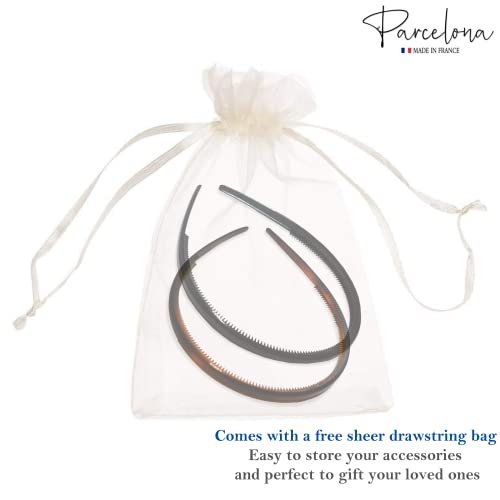 Parcelona French Thin Set of 2 Tortoise Shell Brown and Black Hair Headbands with Inner Teeth Nibs Avelisse