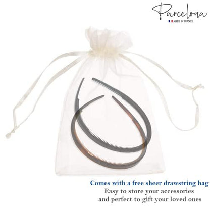 Parcelona French Thin Set of 2 Tortoise Shell Brown and Black Hair Headbands with Inner Teeth Nibs Avelisse