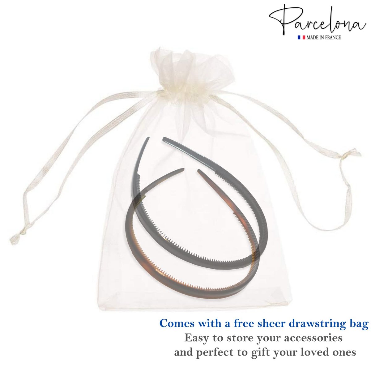 Parcelona French Thin Set of 2 Tortoise Shell Brown and Black Hair Headbands with Inner Teeth Nibs Avelisse