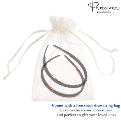 Parcelona French Thin Set of 2 Tortoise Shell Brown and Black Hair Headbands with Inner Teeth Nibs Avelisse