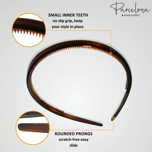 Parcelona French Thin Set of 2 Tortoise Shell Brown and Black Hair Headbands with Inner Teeth Nibs Avelisse